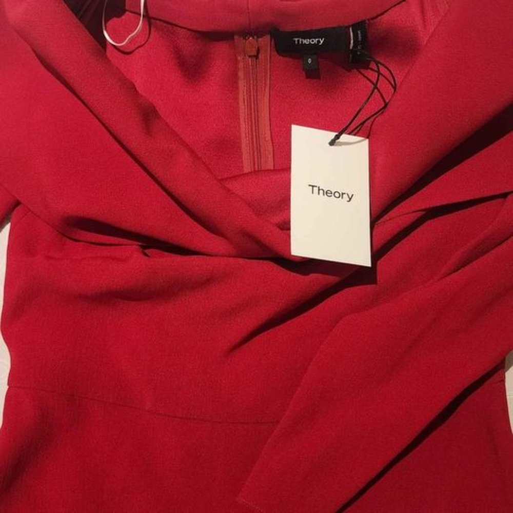 Theory Kensington Red Off Shoulder Quarter Length Midi A-Line Dress